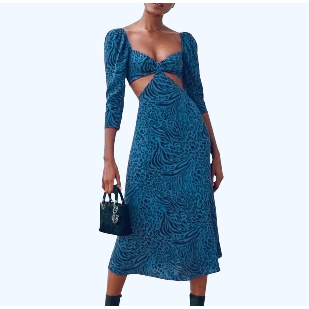 Reformation Midi Dress Blue Animal Print Waist Cut Out Long Sleeve New